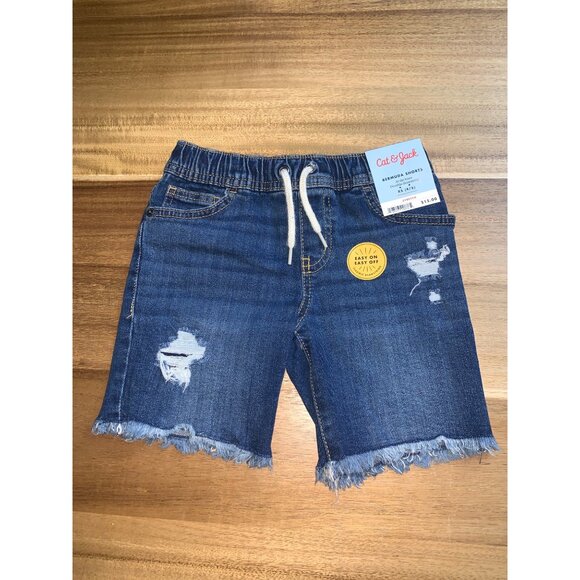 Cat & Jack Boys Blue Denim Distressed Flexible Drawstring Bermuda Shorts Size XS - Picture 2 of 10